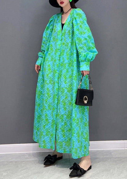 Green V Neck Print Button Shirt Dress Long Sleeve