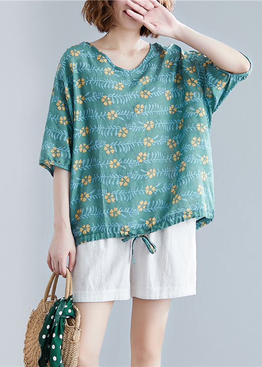 Green V Neck Print Cotton Tanks Short Sleeve