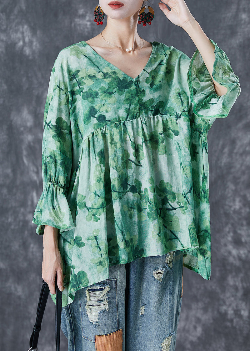 Green V Neck Print Linen Shirts Batwing Sleeve