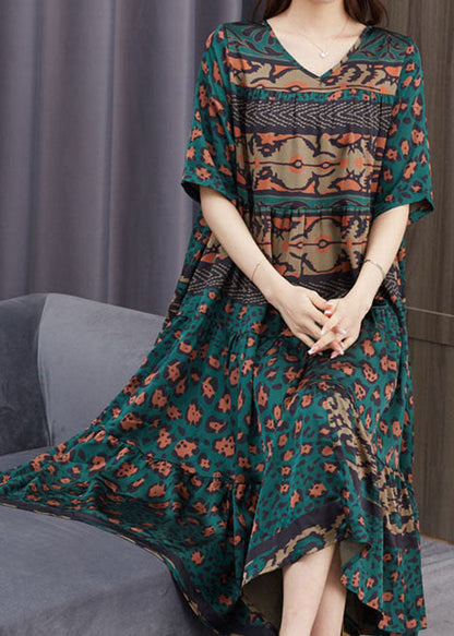 Green V Neck Print Patchwork Chiffon Dress Summer