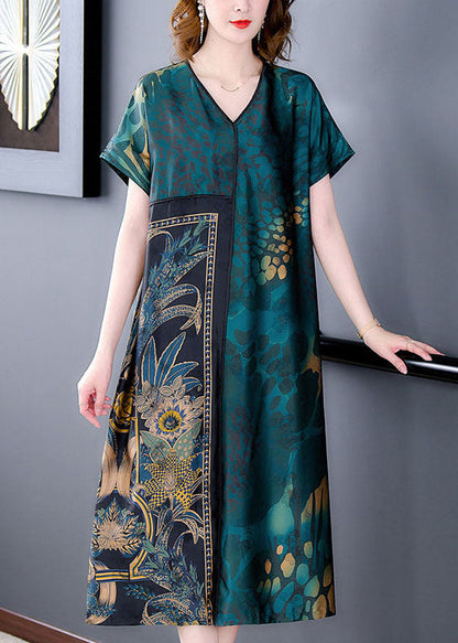 Green V Neck Print Patchwork Silk Dress Summer