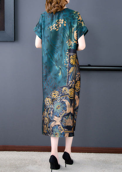 Green V Neck Print Patchwork Silk Dress Summer