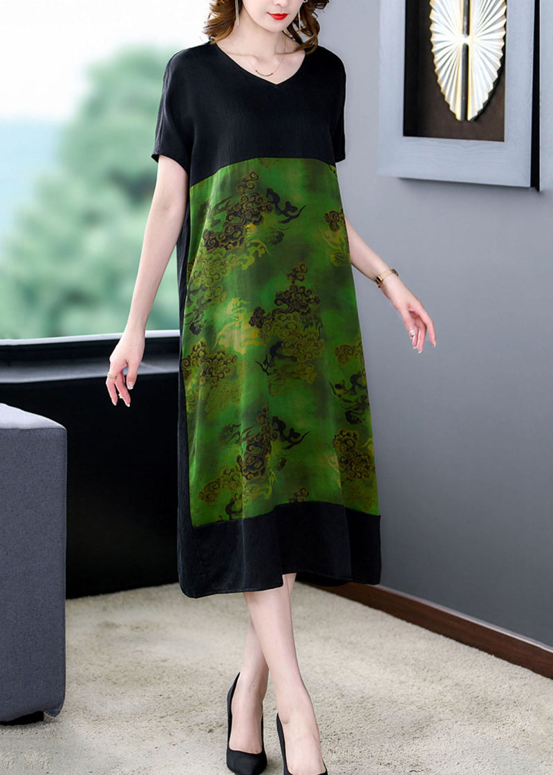 Green V Neck Print Pockets Patchwork Silk Dress Summer