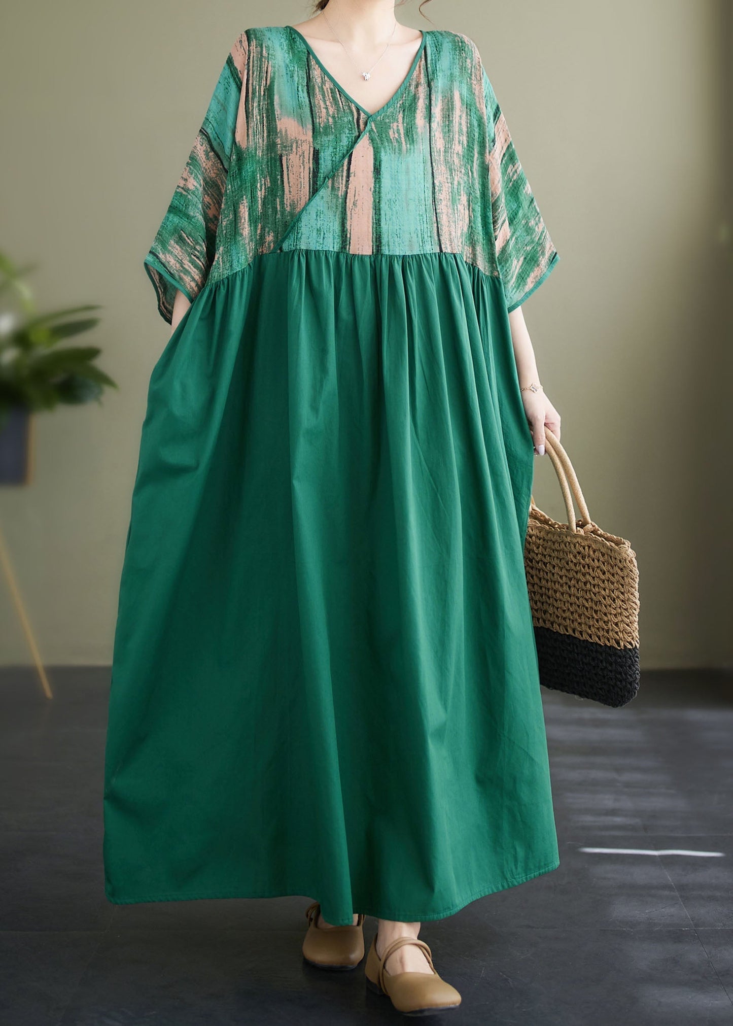 Green V Neck Print Wrinkled Patchwork Cotton Long Dress Summer