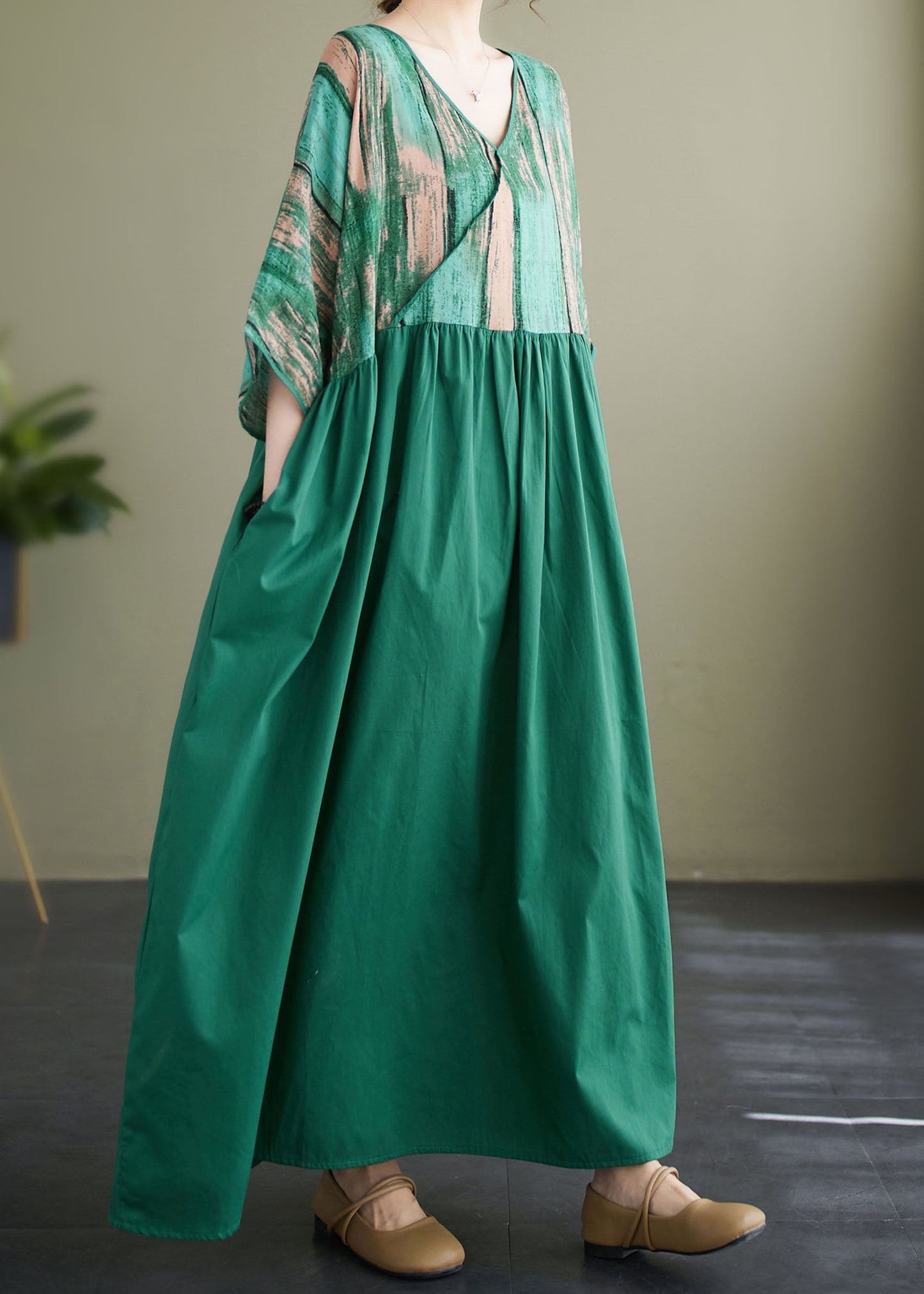 Green V Neck Print Wrinkled Patchwork Cotton Long Dress Summer