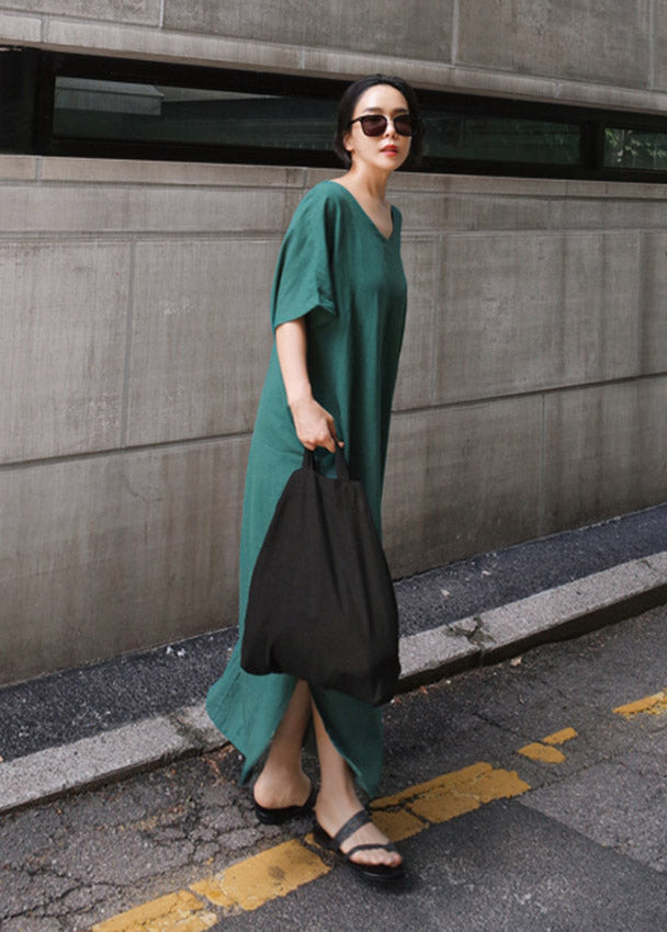 Green V Neck Side Open Long Dress Short Sleeve