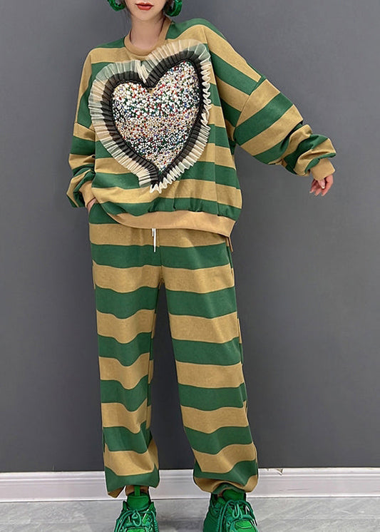Green Yellow Striped O-neck Loving Heart Top and Pants Two Pieces Set Fall