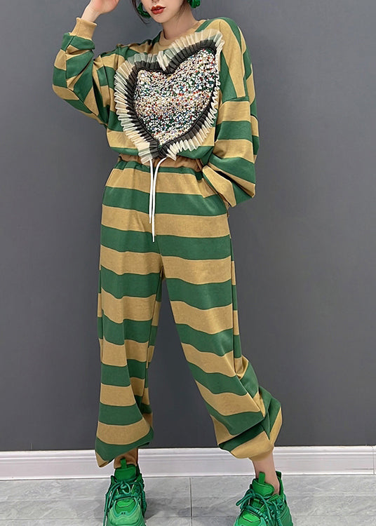 Green Yellow Striped O-neck Loving Heart Top and Pants Two Pieces Set Fall