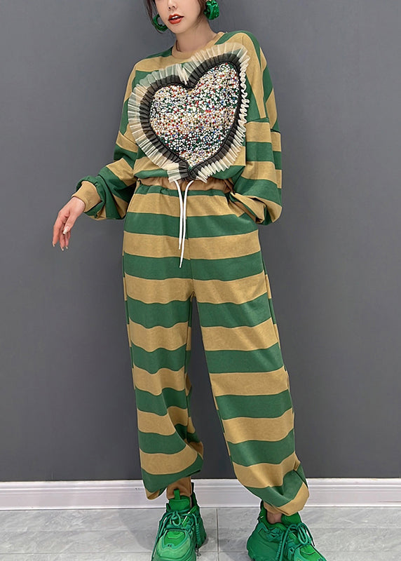Green Yellow Striped O-neck Loving Heart Top and Pants Two Pieces Set Fall
