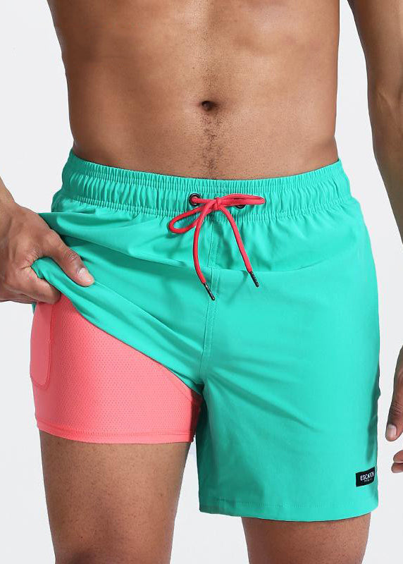 Green Zippered Drawstring Cotton Shorts Summer