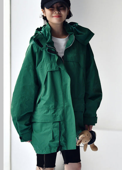Green Zippered Patchwork Drawstring Hooded Coats Fall