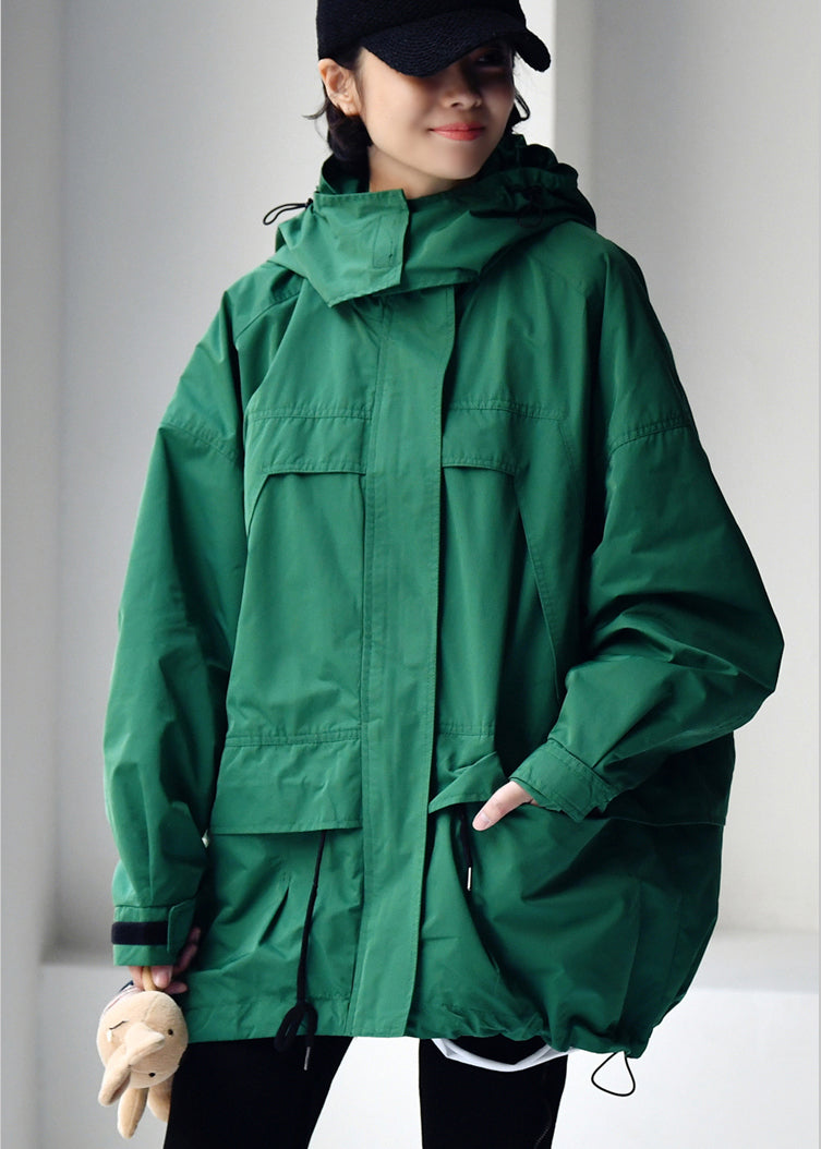 Green Zippered Patchwork Drawstring Hooded Coats Fall