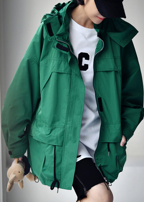 Green Zippered Patchwork Drawstring Hooded Coats Fall