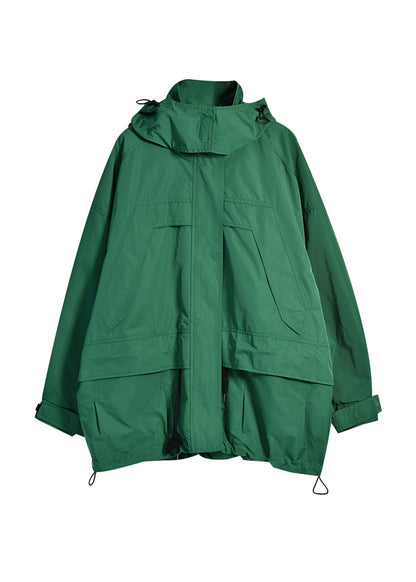 Green Zippered Patchwork Drawstring Hooded Coats Fall