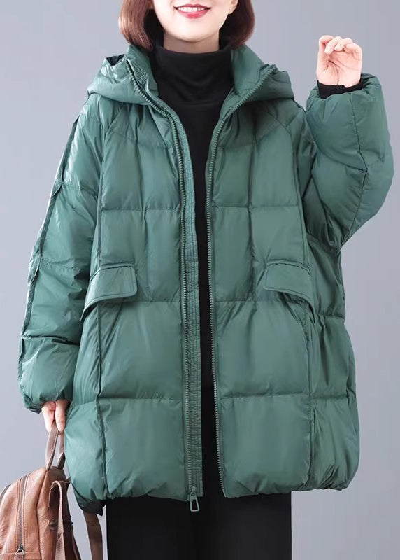 Green Zippered Pockets Plaid Thick Hooded Parka Winter