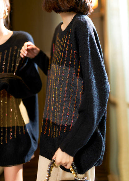Green Zircon Patchwork Cotton Knit Sweaters Long Sleeve