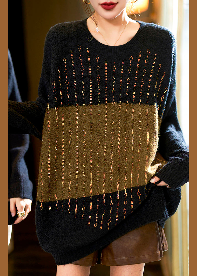 Green Zircon Patchwork Cotton Knit Sweaters Long Sleeve