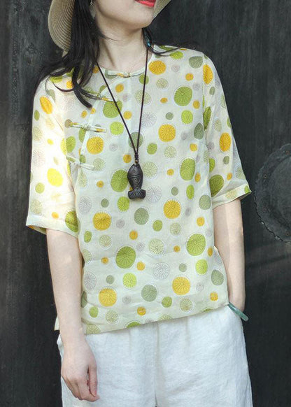 Green Button O-neck Dot Print Tops Half Sleeve