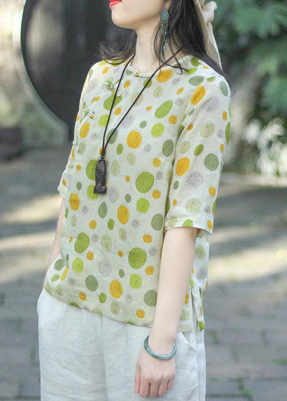Green Button O-neck Dot Print Tops Half Sleeve