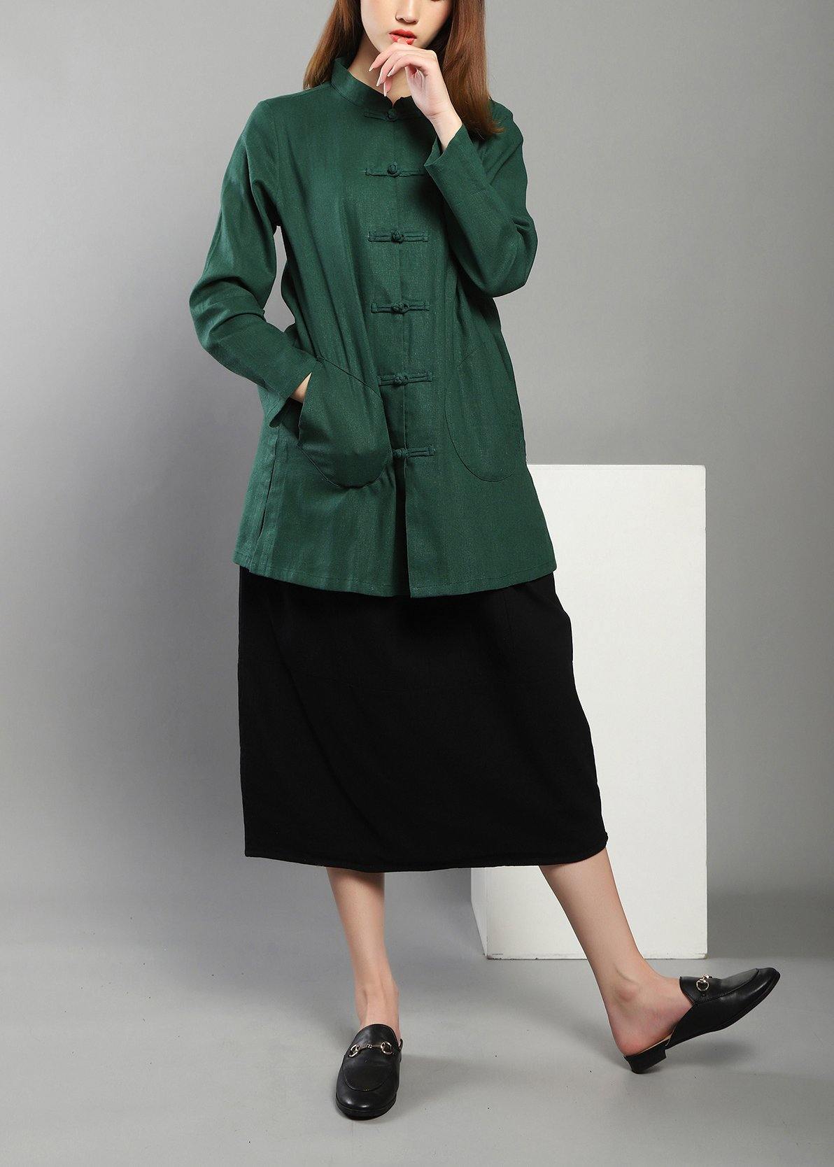 Plus Size Green low high design Chinese Button Spring Shirt Tops