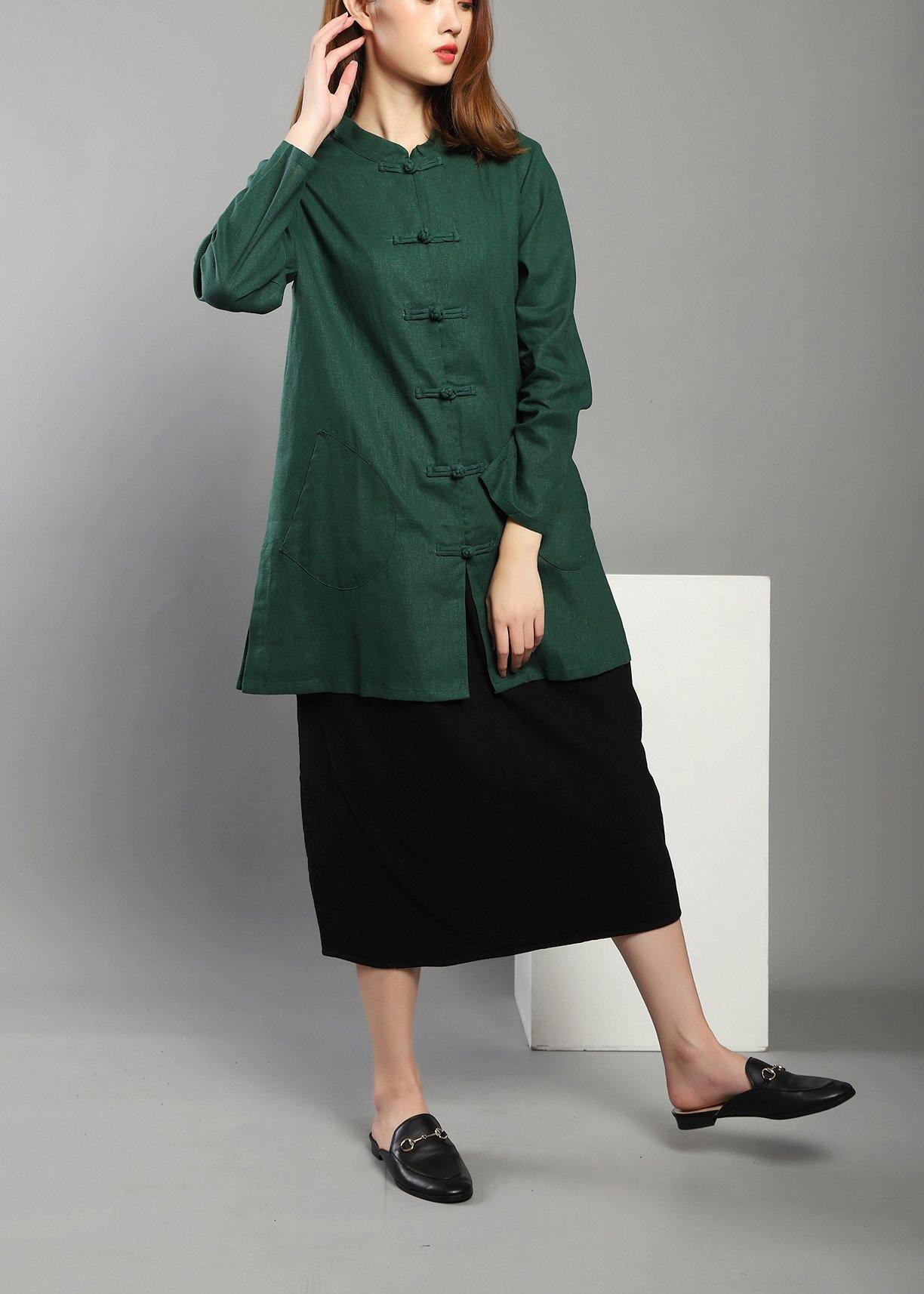 Plus Size Green low high design Chinese Button Spring Shirt Tops