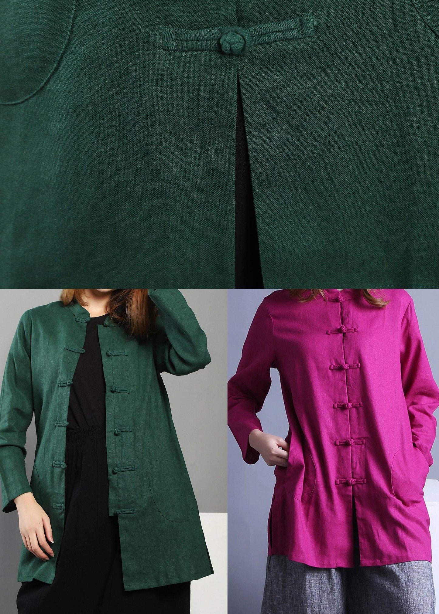 Plus Size Green low high design Chinese Button Spring Shirt Tops