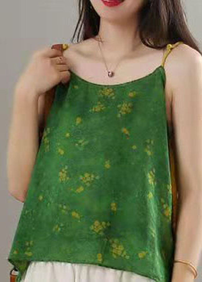Green Print Patchwork Spaghetti Strap Tops Summer