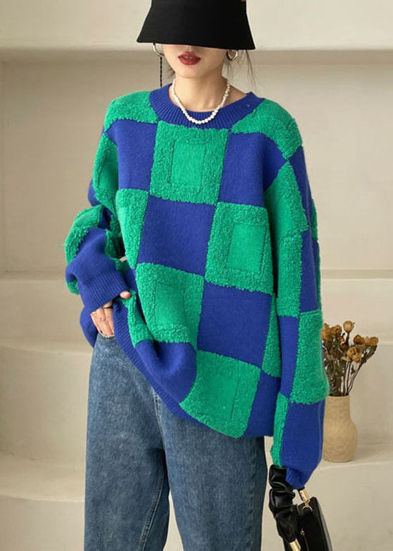 Green Thick Plaid Knit Sweater Winter