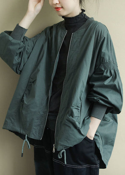 Green Zippered Pockets Low High Design Fall Coat Long Sleeve