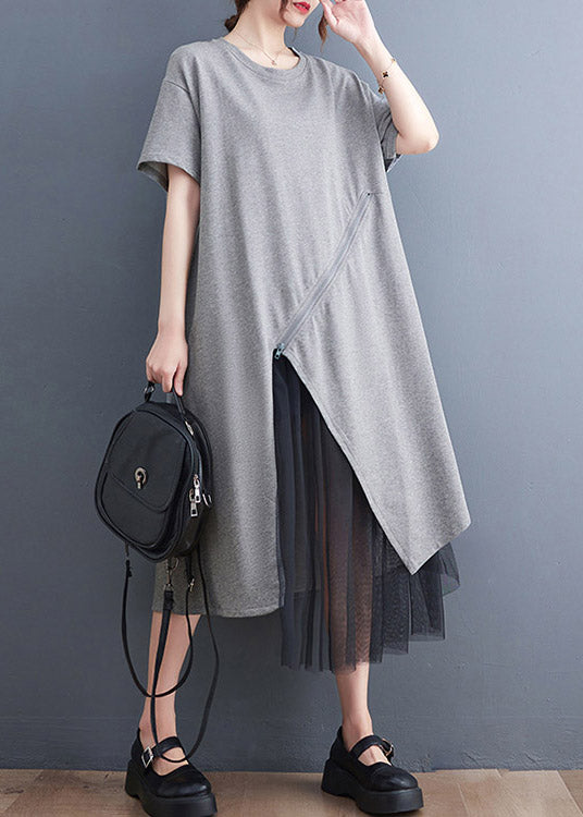 Grey Asymmetrical Tulle Patchwork Maxi Dress Summer