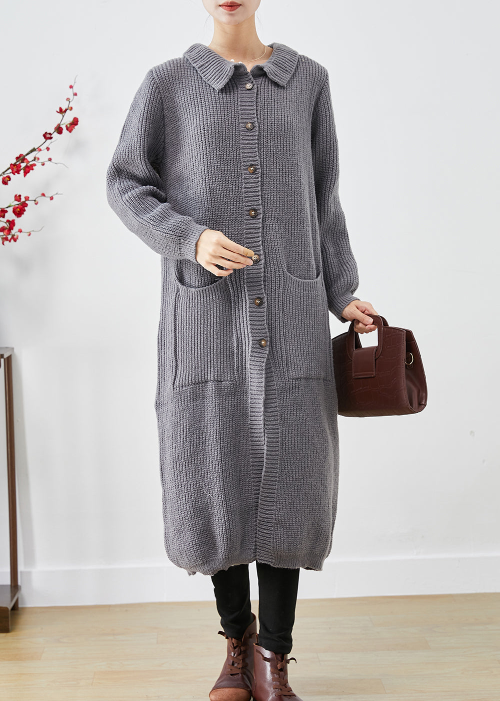 Grey Button Down Pockets Knit Long Coats Fall