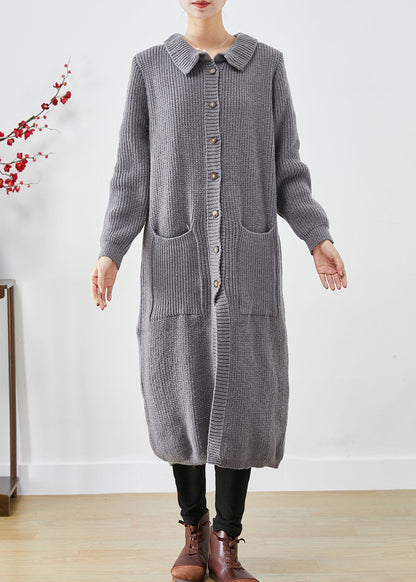 Grey Button Down Pockets Knit Long Coats Fall