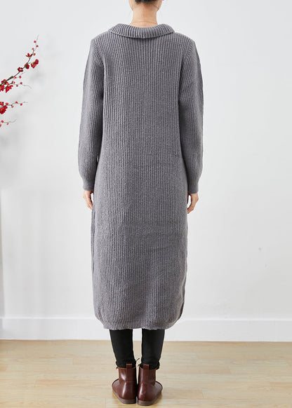 Grey Button Down Pockets Knit Long Coats Fall