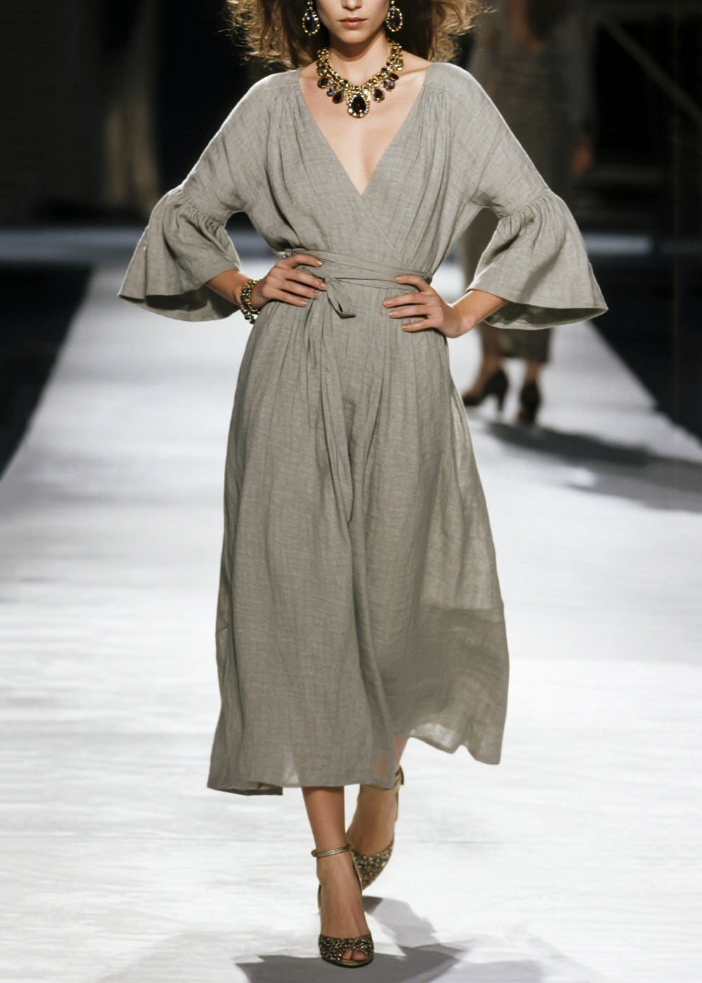 Grey Cinched Linen Robe Dresses Flare Sleeve