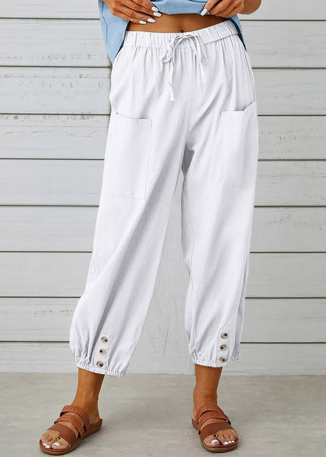 Grey Elastic Waist Crop Pants Summer