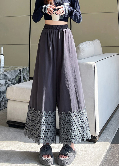 Grey Patchwork Cotton Wide Leg Pants Spring