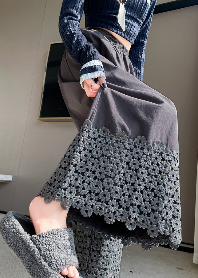 Grey Patchwork Cotton Wide Leg Pants Spring
