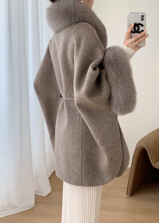 Grey Fox Collar Pockets Leather and Fur Coats Winter