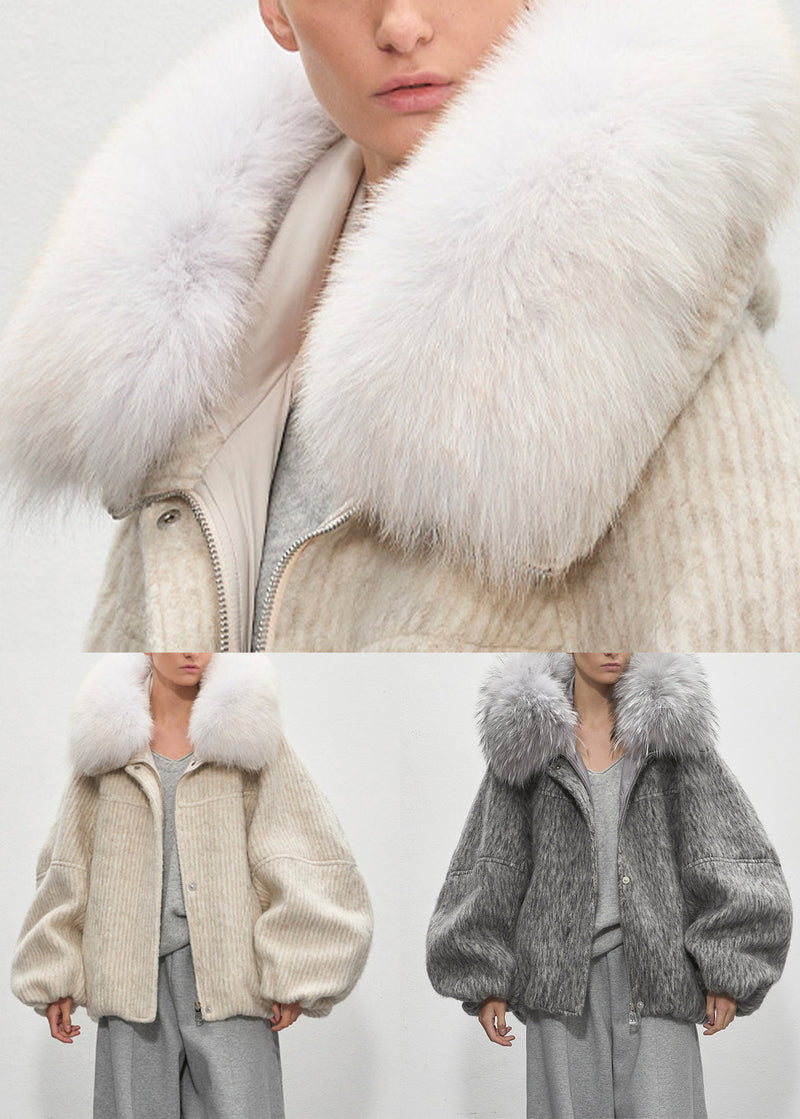 Grey Fur Collar Zippered Duck Down Puffer Coat Winter