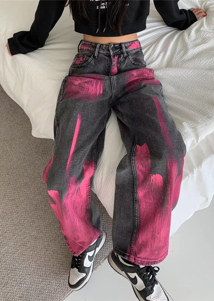 Grey Graffiti Denim Straight Pants Spring