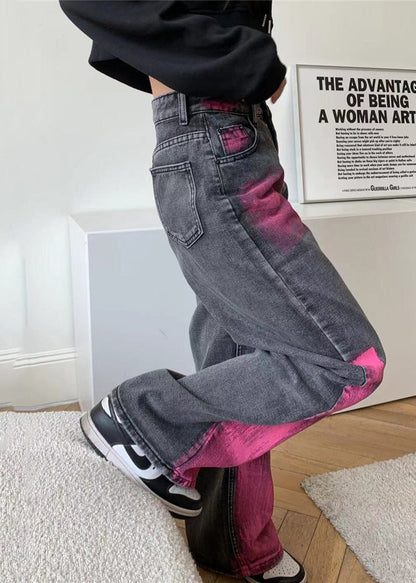Grey Graffiti Denim Straight Pants Spring