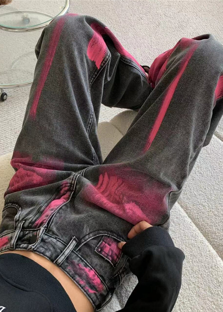 Grey Graffiti Denim Straight Pants Spring