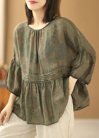 Grey Green Print Wrinkled Patchwork Linen Shirt Tops Short Sleeve