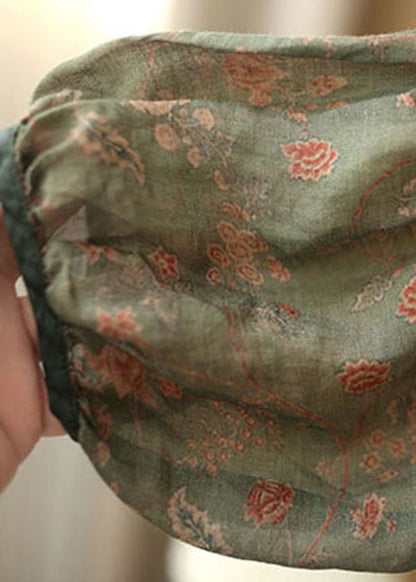 Grey Green Print Wrinkled Patchwork Linen Shirt Tops Short Sleeve