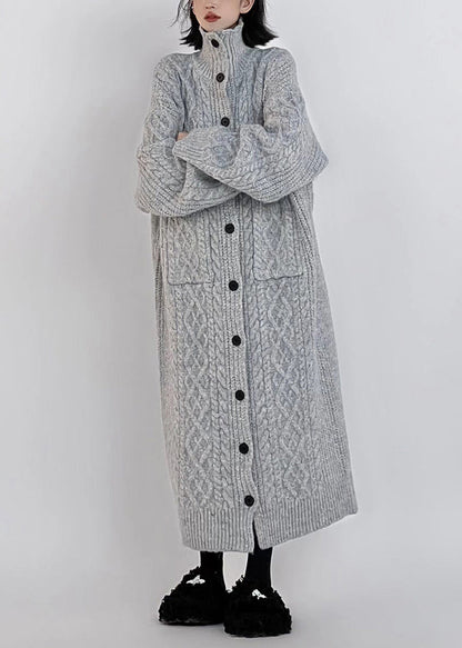 Grey Hign Neck Button Long Knit Cardigan Winter