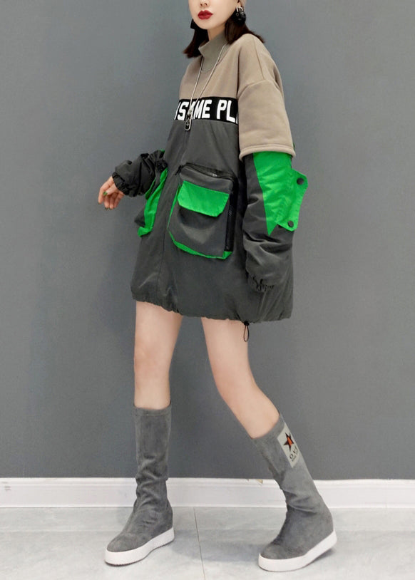 Grey Hign Neck Pockets Patchwork Fine Cotton Filled Tops Winter