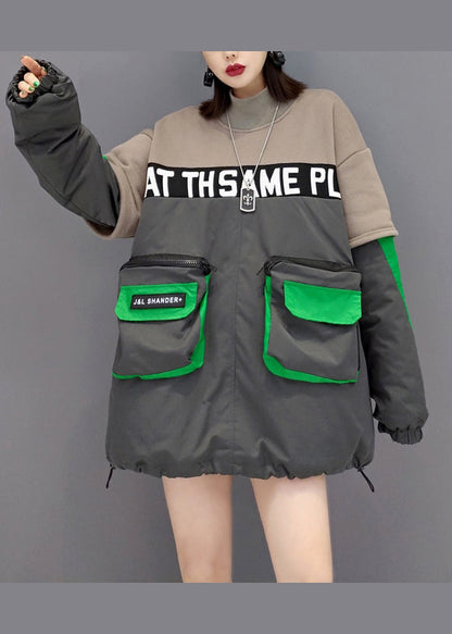 Grey Hign Neck Pockets Patchwork Fine Cotton Filled Tops Winter
