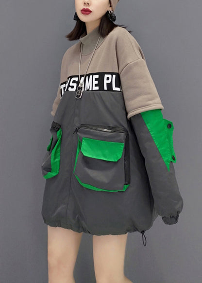 Grey Hign Neck Pockets Patchwork Fine Cotton Filled Tops Winter