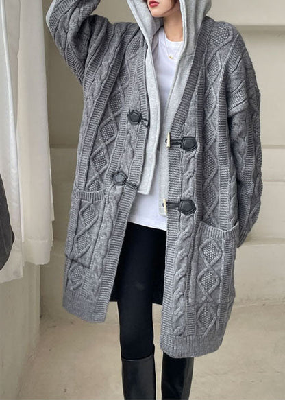 Grey Hooded Patchwork Knit Sweaters Winter Coat