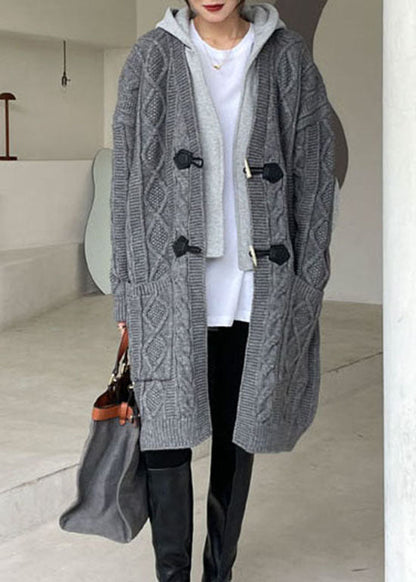 Grey Hooded Patchwork Knit Sweaters Winter Coat